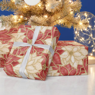 PAPIER CADEAU ROUGE & OR POINTSETTIA NOËL BLOOMS