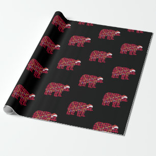 Papier Cadeau Rouge Plaid lumières de Noël Ours Père Noël