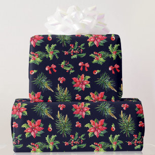 Papier Cadeau Rouge Poinsettia et Holly Pretty Roll de