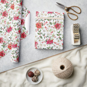 Papier Cadeau Rouge Poinsettia et Motif de Noël Paperblanc