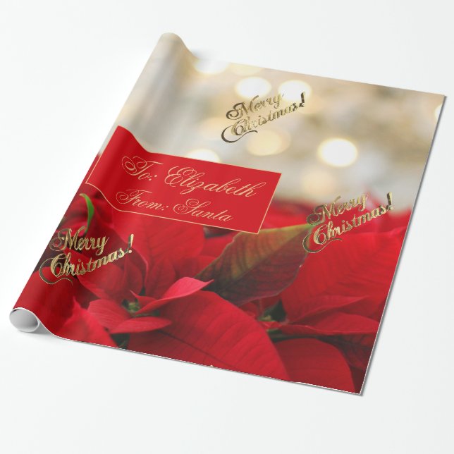 Papier Cadeau Rouge Poinsettia Noël Floral Faux Gold Script (Déroulé)
