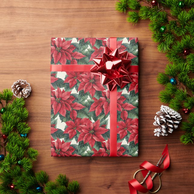 Papier Cadeau Rouge Poinsettias Feuilles verts (Cadeau de vacances)