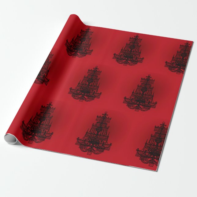 Papier Cadeau Rouge profond avec lustres noirs (Déroulé)