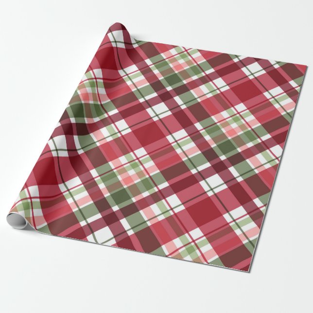 Papier Cadeau Rouge rétro Blanc Noël Nouvel An Tartan Plaid (Déroulé)