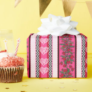 Papier Cadeau Rouge rose Blanc Vintage Valentin Coeurs & Fleurs