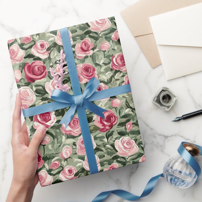 Papier Cadeau Rouge rose Vert Rose Floral Anniversaire (Cadeaux)