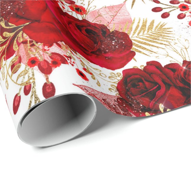 Papier Cadeau Rouge Roses Bunch Parties scintillant florale bril (Coin rond)