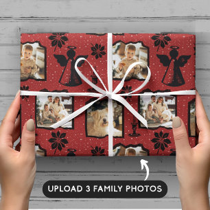 Papier Cadeau Rouge rustique Empilé Angel 3 Famille Photo