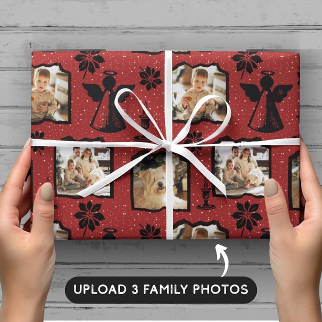 Papier Cadeau Rouge rustique Empilé Angel 3 Famille Photo (Créateur téléchargé)