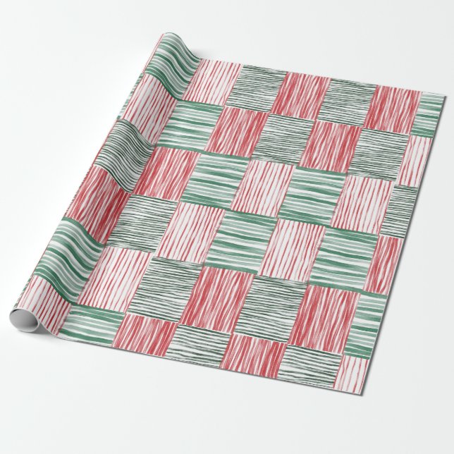 Papier Cadeau Rouge Vert aquarelle rayures Motif une photo (Déroulé)