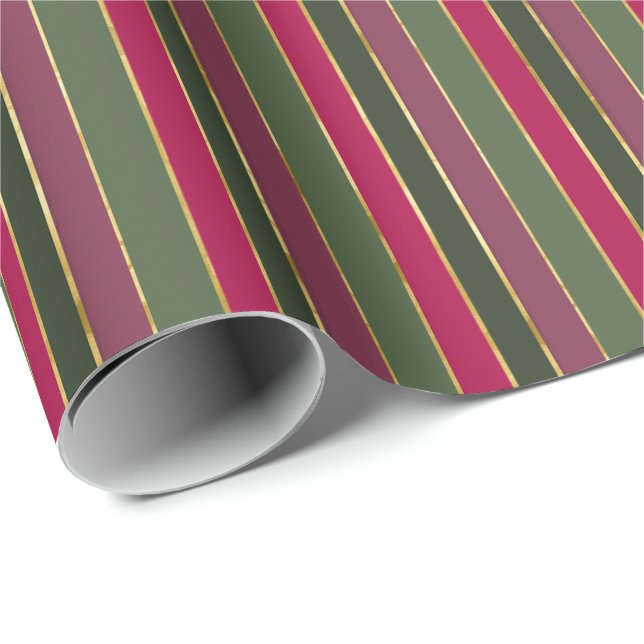 Papier Cadeau Rouge, Vert, Bourgogne, Bande d'or (Coin rond)
