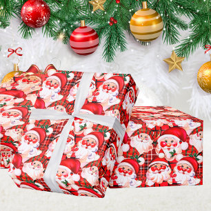 Papier Cadeau Rouge Vintage Père Noël Tartan Plaid Noël
