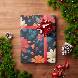 Papier Cadeau Rouges et bleus floraux sur noir