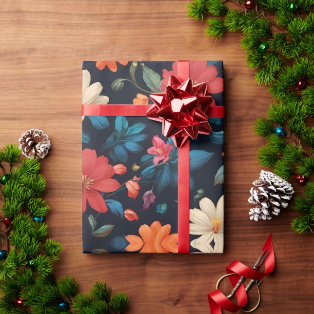 Papier Cadeau Rouges et bleus floraux sur noir (Cadeau de vacances)