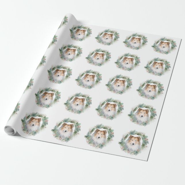 Papier Cadeau Rough Collie Christmas Wreath Festive Pup (Déroulé)