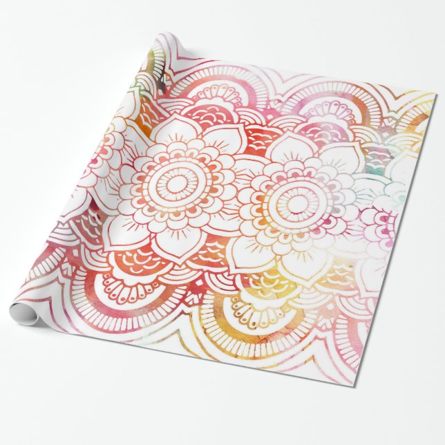 Papier Cadeau Rougissent le mandala floral moderne d'aquarelle (Déroulé)