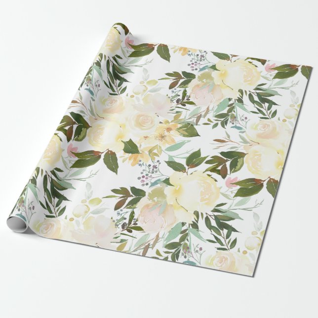 Papier Cadeau Rougissent les fleurs florales d'aquarelle beige (Déroulé)