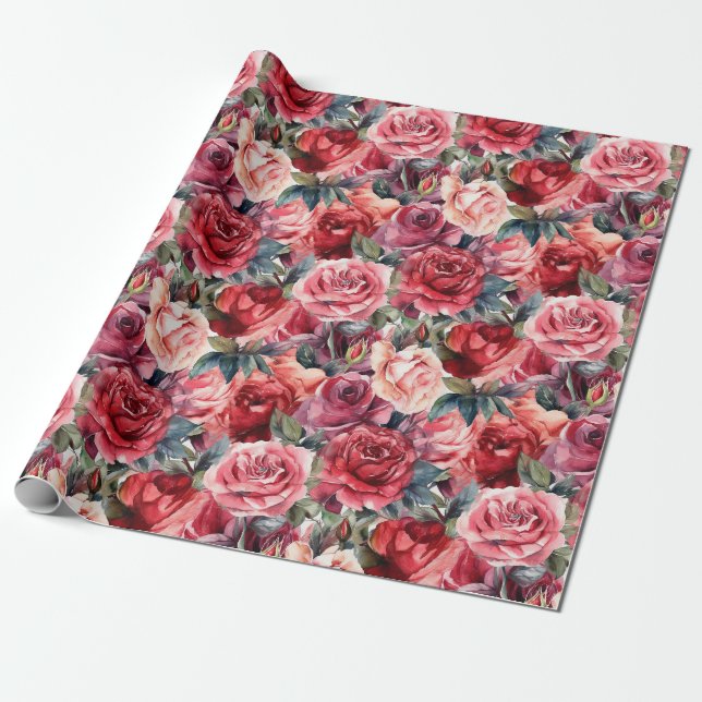 Papier Cadeau Rouleau de papier d'enveloppement Rose aquarelle (Déroulé)
