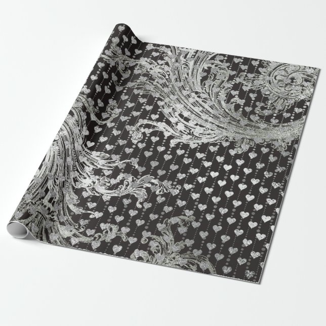 Papier Cadeau Royal Black Hearts Baroque Silver Hearts Grey (Déroulé)