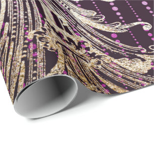 Papier Cadeau Royal Damask Floral Drops Purple Faux Gold
