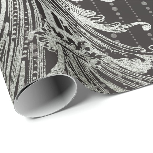 Papier Cadeau Royal Damask Metal Floral Drops Black Silver Grey (Coin rond)