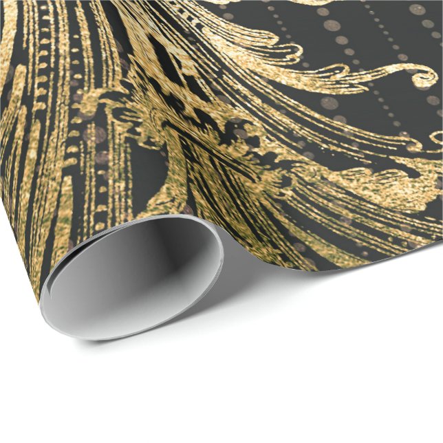 Papier Cadeau Royal Damask Sepia Faux Gold Floral Black Drops (Coin rond)