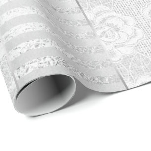 Papier Cadeau Royal Floral Rose argent blanc dentelle rayures li