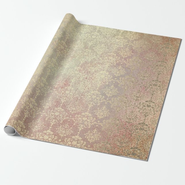 Papier Cadeau Royal Golden Copper Rose Métallo Damask Princesse (Déroulé)