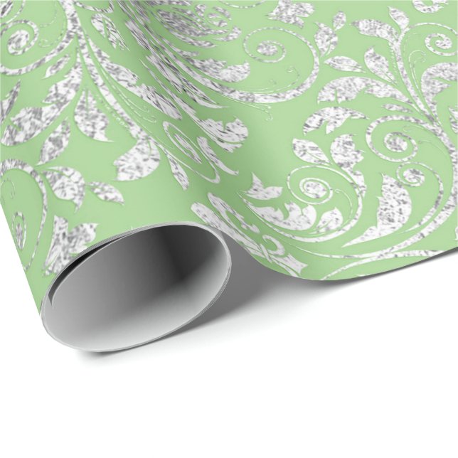 Papier Cadeau Royal Mariage Damask Mint Green Silver Vip (Coin rond)
