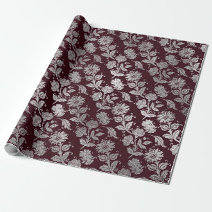 Papier Cadeau Royal Maroon Bourgogne Floral Roses d'argent brill