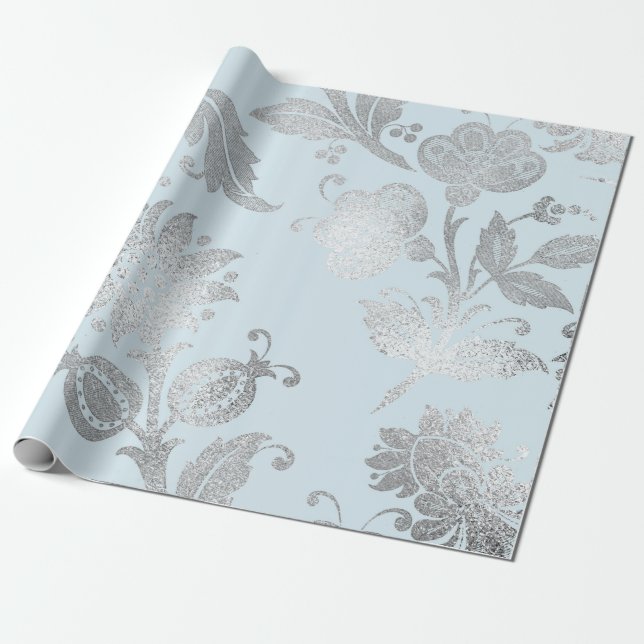 Papier Cadeau Royal Pastel Blue Silver Roses brillants (Déroulé)