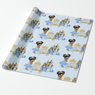 Papier Cadeau Royal Princess Castle Carriage Blue Gold Girl