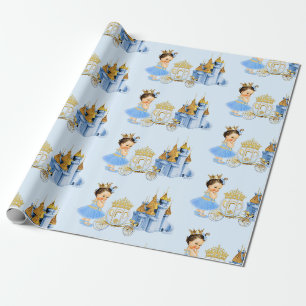 Papier Cadeau Royal Princess Castle Carriage Blue Gold Girl