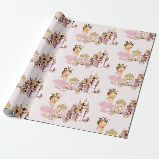 Papier Cadeau Royal Princess Castle Carriage Rose Gold Girl (Déroulé)