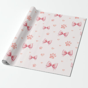 Papier Cadeau Ruban rose, Coeur et Motif Empreinte de patte - Ro