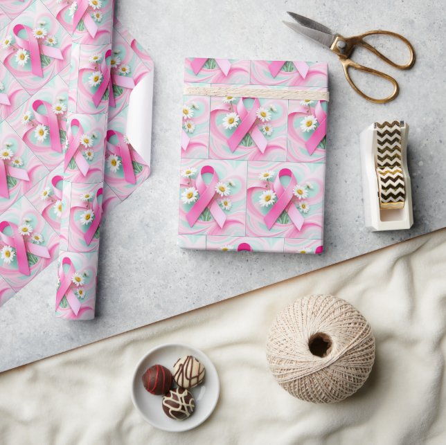 Papier Cadeau Ruban rose et marguerites Sensibilisation au cance (Artisanat)