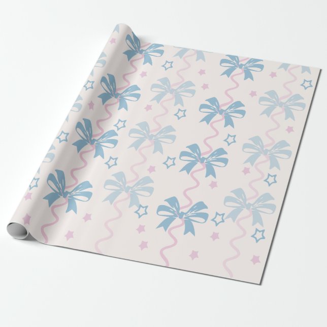 Papier Cadeau Ruban rose et noeud bleu  (Déroulé)
