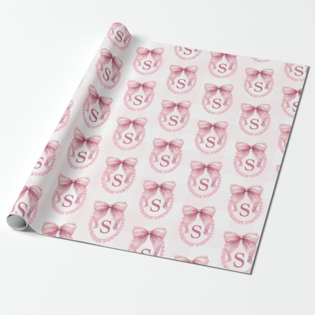 Papier Cadeau Ruban Rose Mignon Initial Personnalisé Coquette (Déroulé)