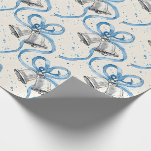 Papier Cadeau Rubans bleus et clochettes d'argent sur Crème