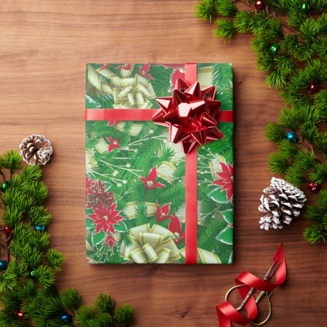 Papier Cadeau Rubans Feuille Poinsettia Fir Noël Floral | (Cadeau de vacances)