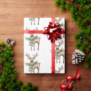 Papier Cadeau Rubans Marron Rustiques Sapins de Noël Vert Crème