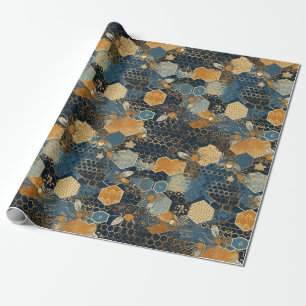 Papier Cadeau Ruche à miel bleu et or Abstraite
