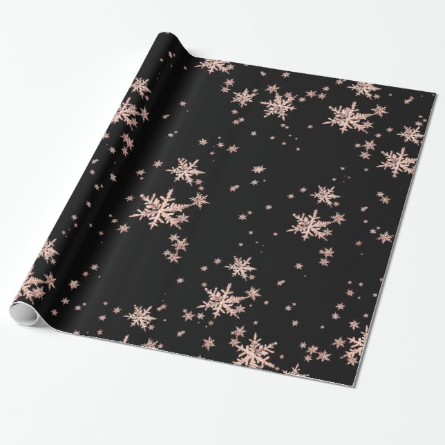 Papier Cadeau Russe Kraft Blush Pink Gold Snowflakes Noir (Déroulé)