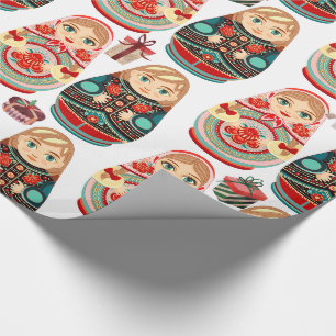 Papier Cadeau Russe Matryoshka Poupées M & Mme marine rose & ro