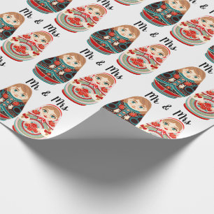 Papier Cadeau Russe Matryoshka Poupées M & Mme marine rose & rou