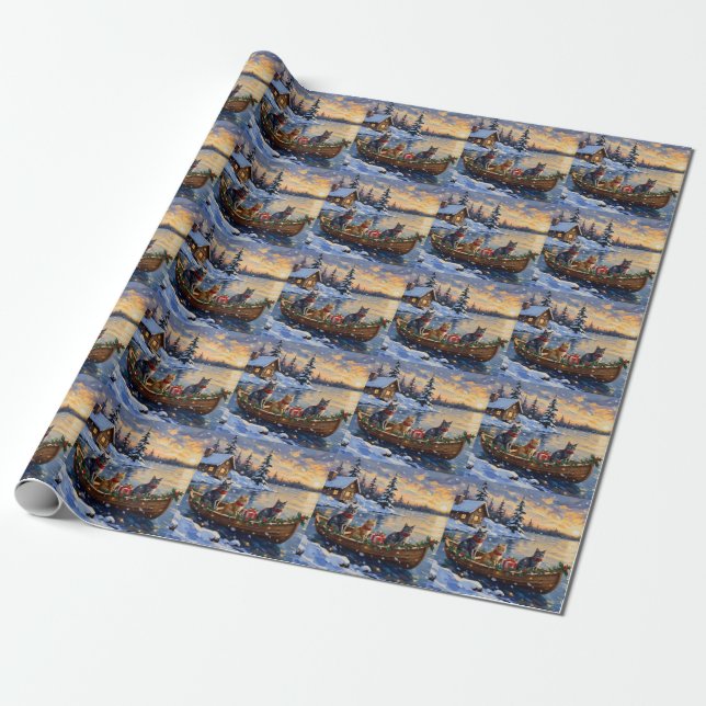 Papier Cadeau Russian Blue Cat Christmas Boat Holiday (Déroulé)