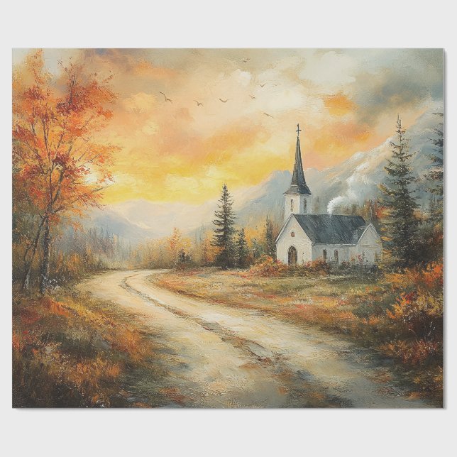 Papier Cadeau Rustic Autumn Church aquarelle peinture découpage (Plat)