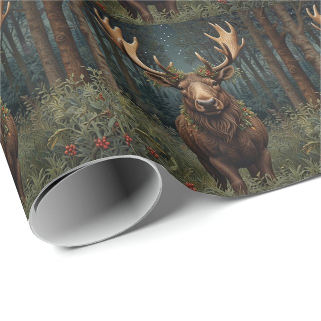 Papier Cadeau Rustic Christmas moose deer boho woodland forest  (Coin rond)
