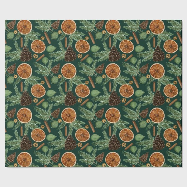 Papier Cadeau Rustic Dried Orange Pine Green Christmas Holiday  (Couture)