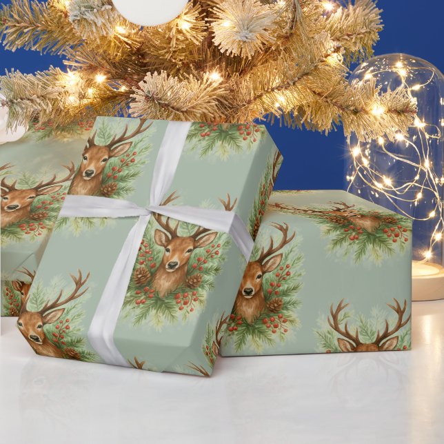 Papier Cadeau Rustic Woodland Deer Head with Winter Foliage -  (Vacances)